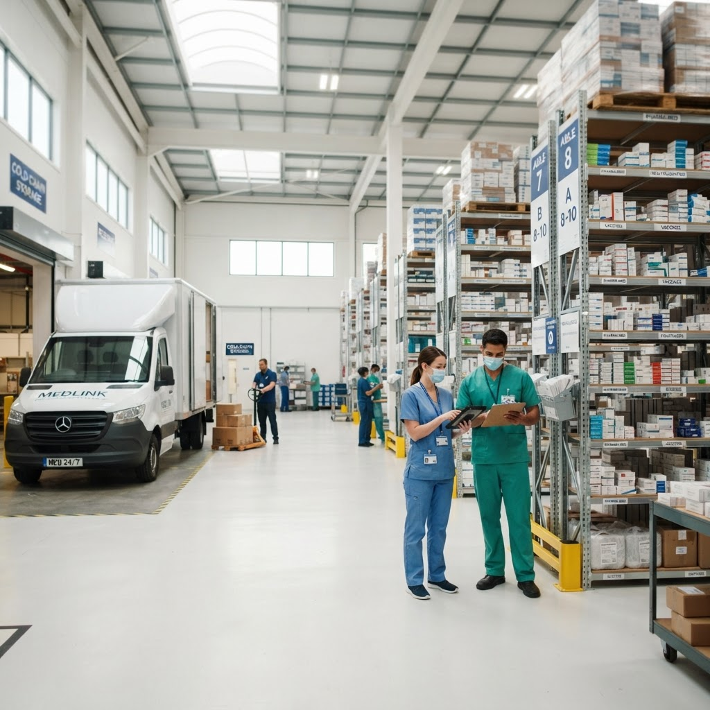 Healthcare distribution warehouse with medicine boxes, medical equipment and delivery logistics