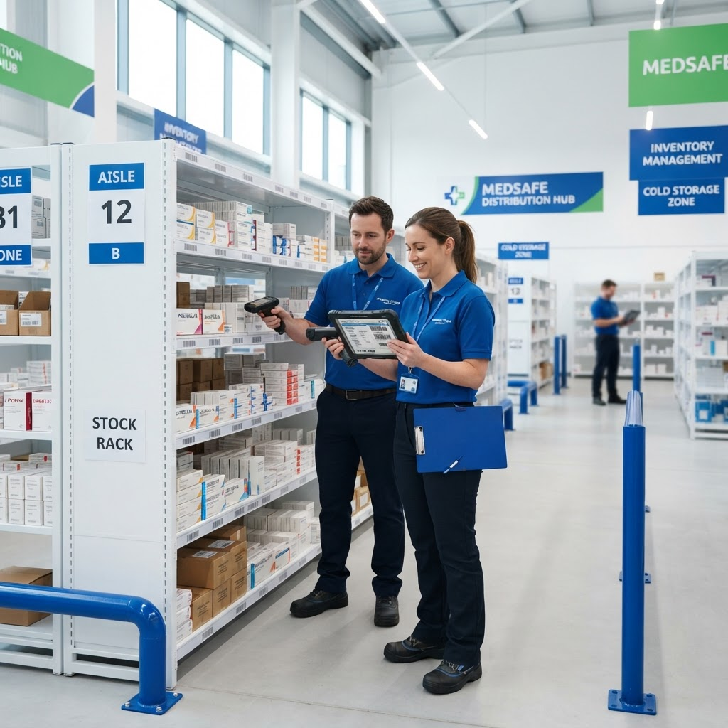 Healthcare professionals managing pharmaceutical inventory in a modern distribution facility